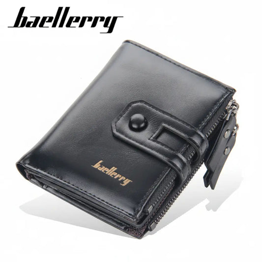 A black leather bi-fold wallet with a front snap strap closure and a zippered pocket, shown on a white background with the brand name 'baellerry' printed in black at the top left and gold on the wallet.