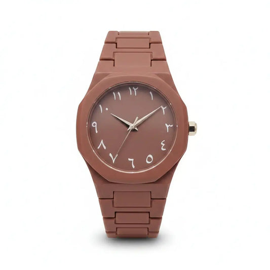 Brown watch with a matching band on a white background