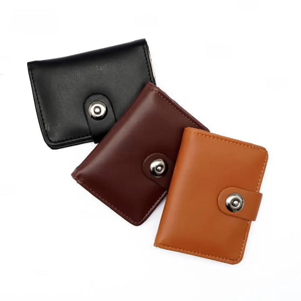 Three leather wallets in black, brown, and tan on a white background