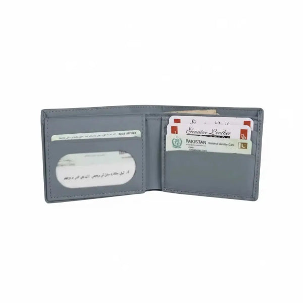 blue leather wallet with card slots on a white background