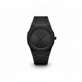 Black watch with a minimalist design on a white background