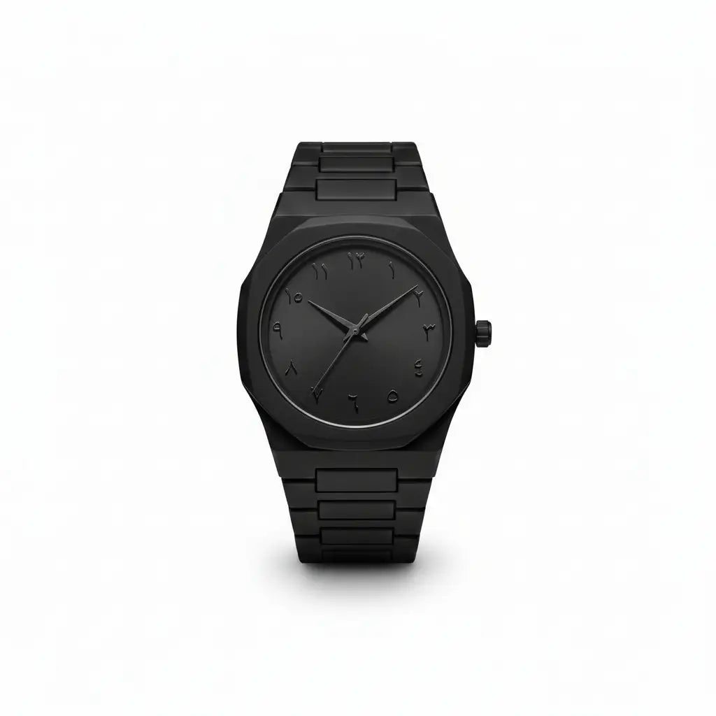 Black watch with a minimalist design on a white background