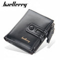 A black leather bi-fold wallet with a front snap strap closure and a zippered pocket, shown on a white background with the brand name 'baellerry' printed in black at the top left and gold on the wallet.