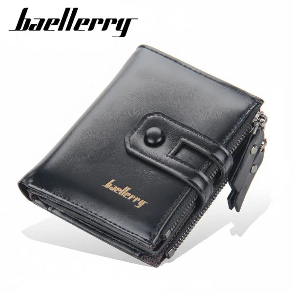 A black leather bi-fold wallet with a front snap strap closure and a zippered pocket, shown on a white background with the brand name 'baellerry' printed in black at the top left and gold on the wallet.