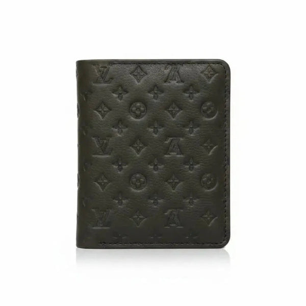 Black wallet with brand logo pattern on a white background