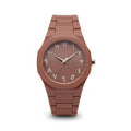 Brown watch with a matching band on a white background