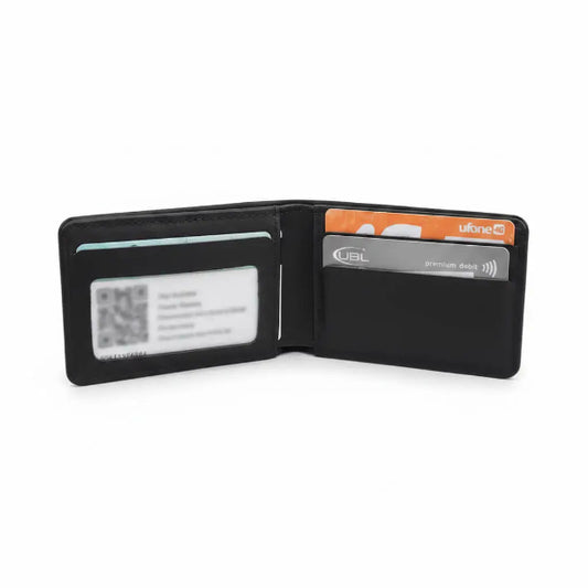 Black wallet with cards on a wooden surface