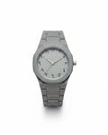 Silver watch with a metallic band on a white background