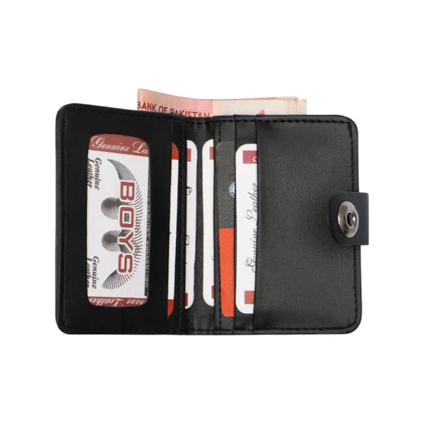 Black wallet with card slots and a button closure on a white background