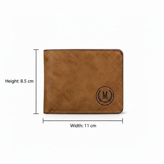 A brown textured leather bifold wallet with a circular monogram 'M' logo on the front, shown with dimension lines indicating a height of 8.5 cm and a width of 11 cm on a dark background.