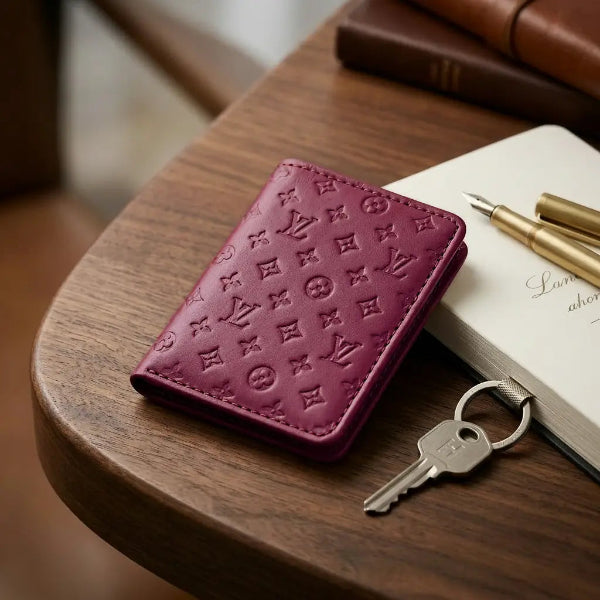 Purple wallet with monogram pattern on a wooden surface with a book and keys.