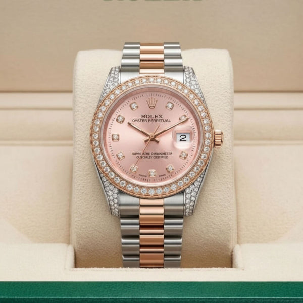 Rolex Oyster Perpetual watch with a pink dial, diamond-set bezel, and a two-tone stainless steel and rose gold bracelet, displayed on a cream cushion inside its box.