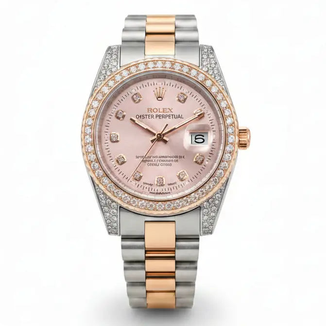 Rolex Oyster Perpetual watch with a two-tone stainless steel and rose gold Oyster bracelet, a rose gold dial, and a diamond bezel, shown on a white background.