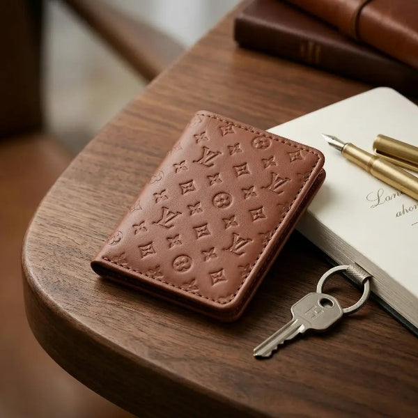 A brown embossed leather wallet with a monogram pattern, styled on a wooden table next to a notebook, pen, and keys.