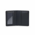 Black leather wallet open on a white background