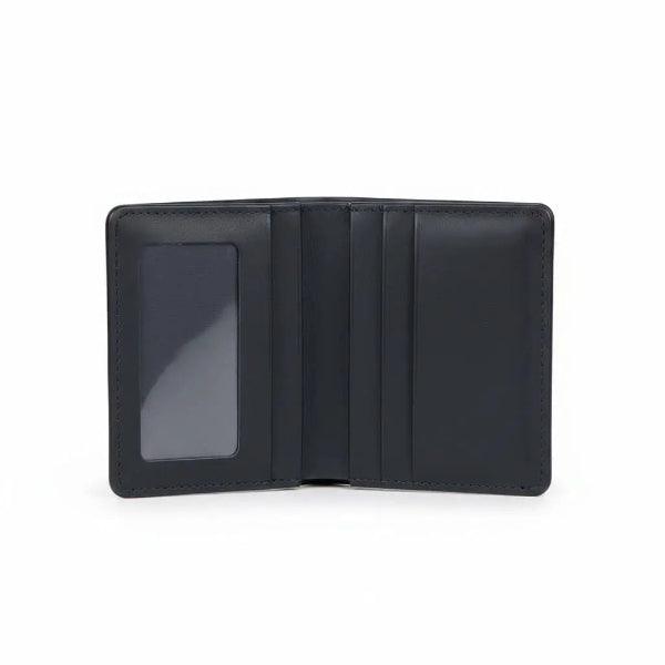 Black leather wallet open on a white background