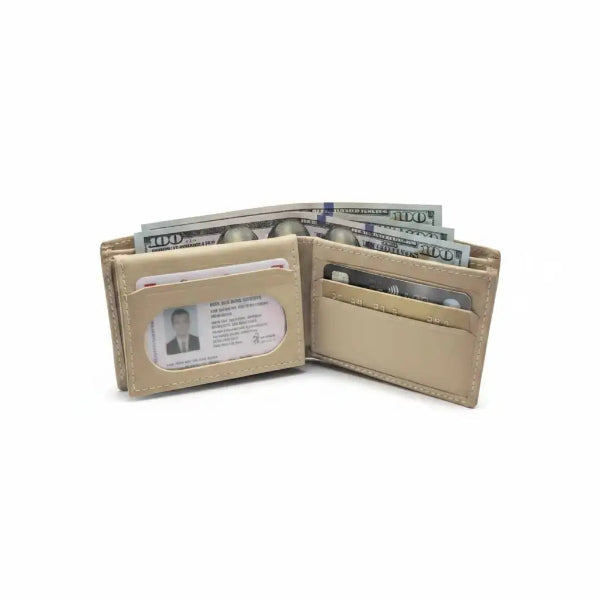Beige wallet open to show card slots and bill compartment on a white background