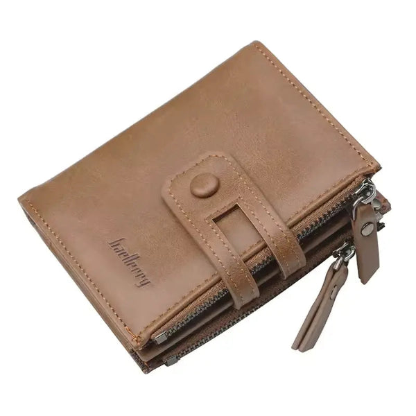 Brown leather wallet with a zipper on a white background