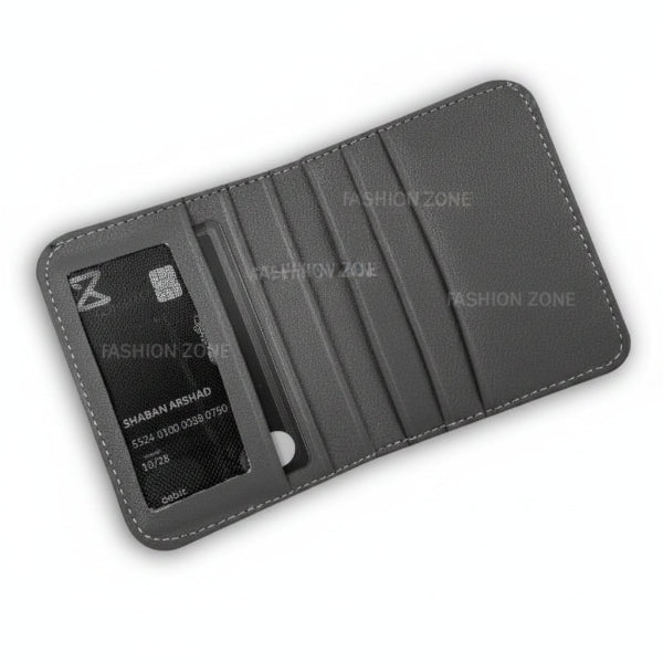 A dark gray textured leather wallet case shown open, featuring multiple card slots and a vertical ID card holder with a sample card inserted. The wallet is photographed on a white background with faint diagonal watermarks.